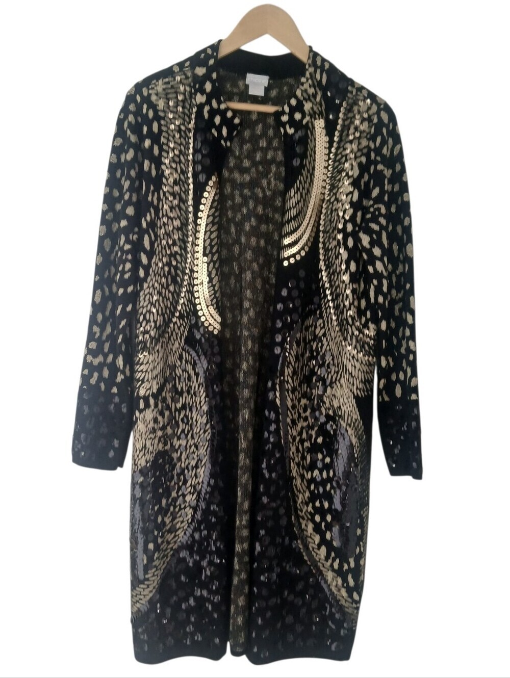Chico's Augustina Embellished Duster Cardigan Gold Silver Beads Long Line Size 1